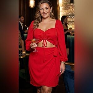 Pretty Little Thing Red Ruched Cut Out Bodycon Dress Plus Size 22 NWOT